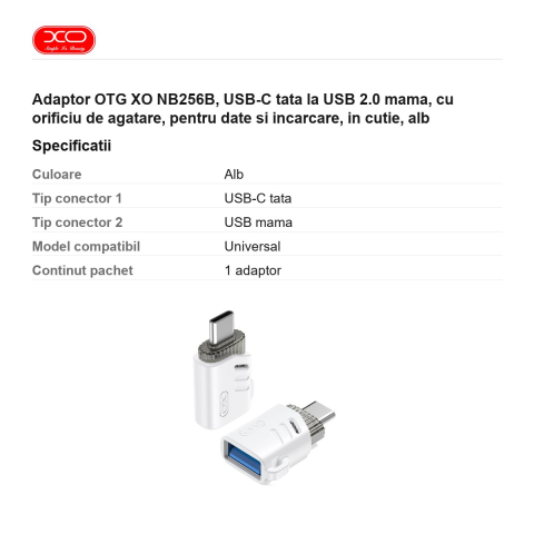Adaptor OTG XO NB256B, USB-C tata la USB 2.0 mama, cu orificiu de agatare, pentru date si incarcare, in cutie, alb [2]