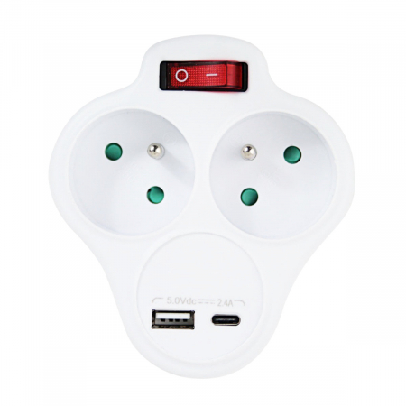 Adaptor priza dubla, 3680W, 16A, impamantare, cu port incarcare USB-C si USB-A, 5V, 2.4A, max 12W, cu un intrerupator, multiprotectie, dimensiuni 106 x 95 x 80 mm, alb [1]