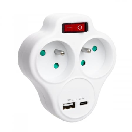 Iluminare si Electrice - Adaptor priza dubla, 3680W, 16A, impamantare, cu port incarcare USB-C si USB-A, 5V, 2.4A, max 12W, cu un intrerupator, multiprotectie, dimensiuni 106 x 95 x 80 mm, alb