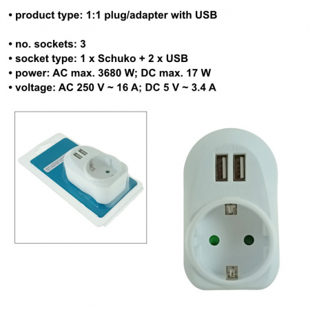 Adaptor priza Schuko cu 2xUSB, 21906, 5V 3.4A, 3680W, 250V 16A, alb [5]
