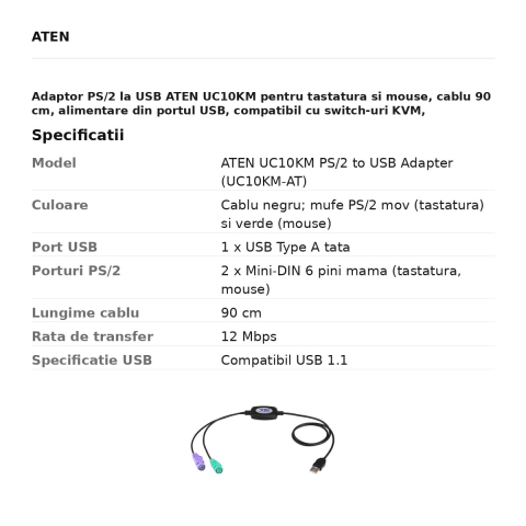 Adaptor PS/2 la USB ATEN UC10KM pentru tastatura si mouse, cablu 90 cm, alimentare din portul USB, compatibil cu switch-uri KVM, UC10KM-AT [2]
