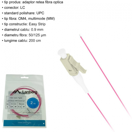 Adaptor retea fibra optica coada/Pigtail cu conector LC/UPC, lungime 2m, Lanberg 43359, Easy Strip MM OM4, violet [4]