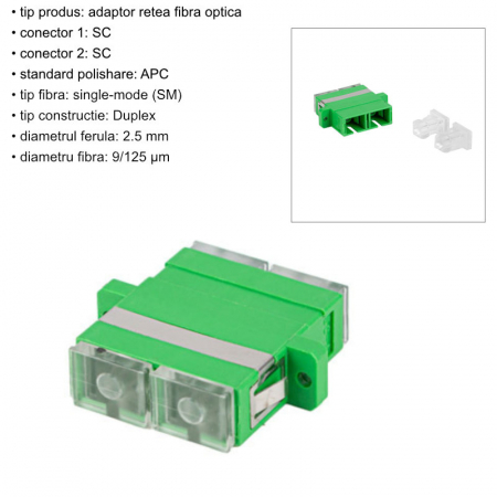 Adaptor retea fibra optica cu conectori SC/APC, Lanberg 43381, SM DUPLEX, capace transparente, verde [5]