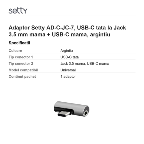 Adaptor Setty AD-C-JC-7, USB-C tata la Jack 3.5 mm mama + USB-C mama, argintiu [2]