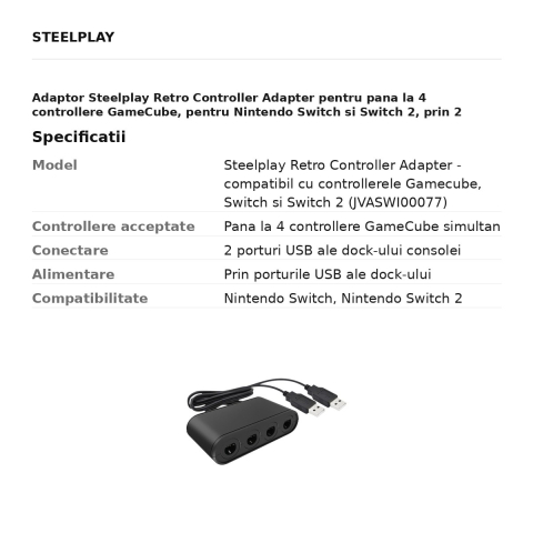 Adaptor Steelplay Retro Controller Adapter pentru pana la 4 controllere GameCube, pentru Nintendo Switch si Switch 2, prin 2 porturi USB ale dock-ului, JVASWI00077 [2]