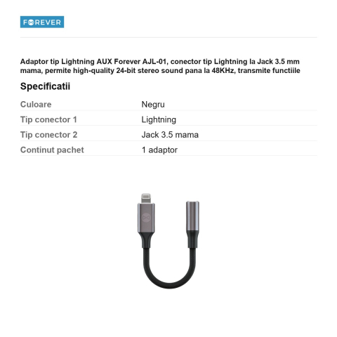 Adaptor tip Lightning AUX Forever AJL-01, conector tip Lightning la Jack 3.5 mm mama, permite high-quality 24-bit stereo sound pana la 48KHz, transmite functiile castilor gen control volum si raspuns  [2]