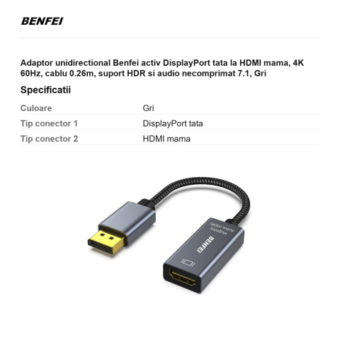 Adaptor unidirectional Benfei activ DisplayPort tata la HDMI mama, 4K 60Hz, cablu 0.26m, suport HDR si audio necomprimat 7.1, Gri [2]