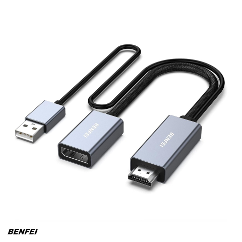 Conectica IT - Adaptor unidirectional Benfei, HDMI 2.0b la DisplayPort 1.4a, 4K 60Hz 2K 144Hz 1080P 165Hz, cablu 0.25m, HDCP 1.4 si HDCP 2.3, HDR10, cu conector USB pentru alimentare suplimentara, Gri