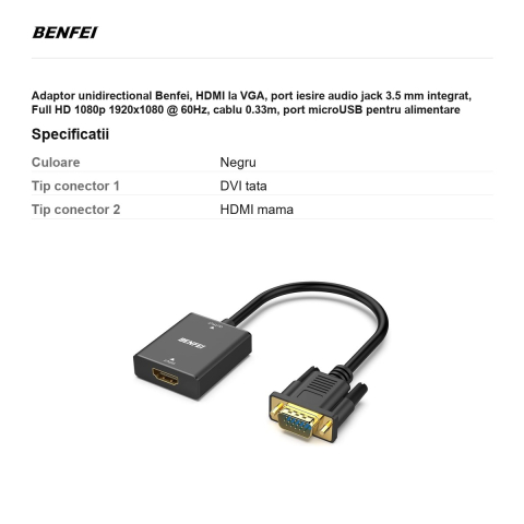 Adaptor unidirectional Benfei, HDMI la VGA, port iesire audio jack 3.5 mm integrat, Full HD 1080p 1920x1080 @ 60Hz, cablu 0.33m, port microUSB pentru alimentare suplimentara, Smart IC Chip, Negru [2]