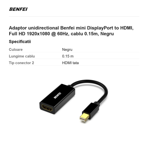 Adaptor unidirectional Benfei mini DisplayPort to HDMI, Full HD 1920x1080 @ 60Hz, cablu 0.15m, Negru [2]