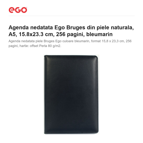 Agenda nedatata Ego Bruges din piele naturala, A5, 15.8x23.3 cm, 256 pagini, bleumarin [1]
