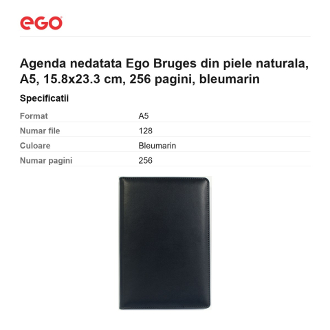 Agenda nedatata Ego Bruges din piele naturala, A5, 15.8x23.3 cm, 256 pagini, bleumarin [2]