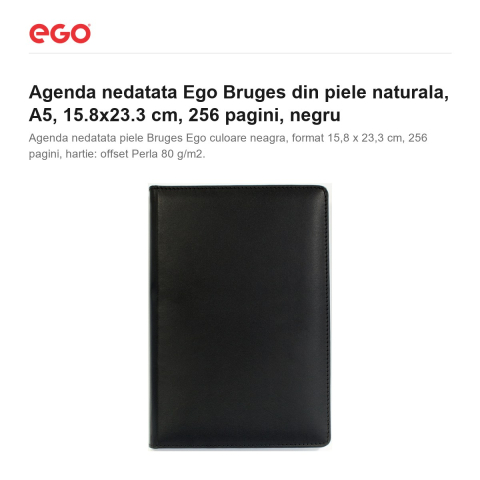 Agenda nedatata Ego Bruges din piele naturala, A5, 15.8x23.3 cm, 256 pagini, negru [1]