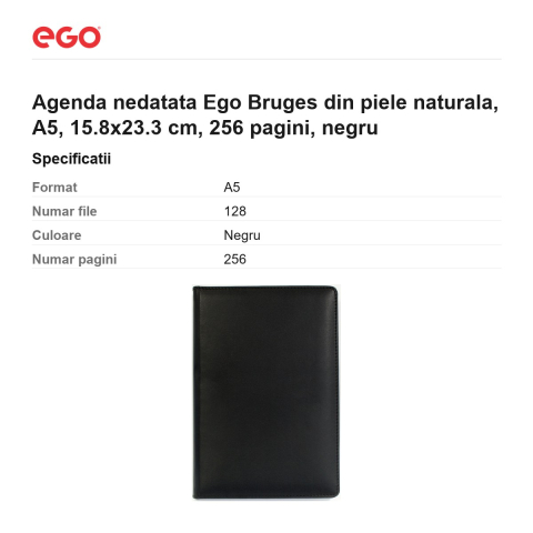 Agenda nedatata Ego Bruges din piele naturala, A5, 15.8x23.3 cm, 256 pagini, negru [2]