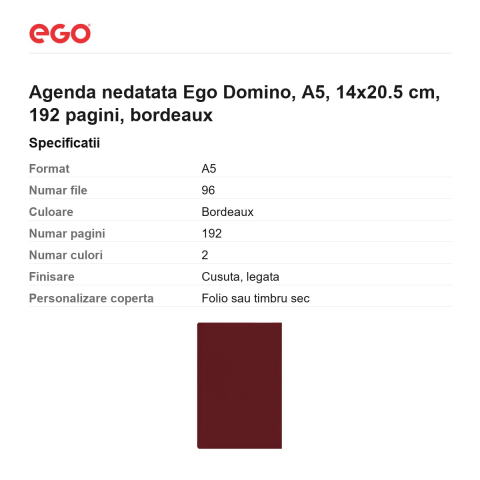 Agenda nedatata Ego Domino, A5, 14x20.5 cm, 192 pagini, bordeaux [2]