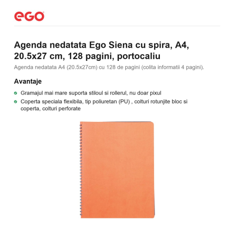 Agenda nedatata Ego Siena cu spira, A4, 20.5x27 cm, 128 pagini, portocaliu [1]