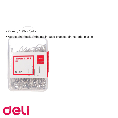 Agrafe metalice 29mm Deli, cutie plastic 100 bucati, pentru organizarea documentelor de birou [2]