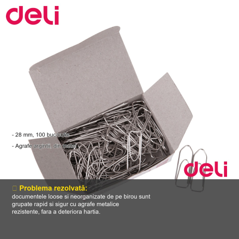 Agrafe metalice argintii Deli, 28 mm, cutie 100 bucati, pentru prindere documente [1]