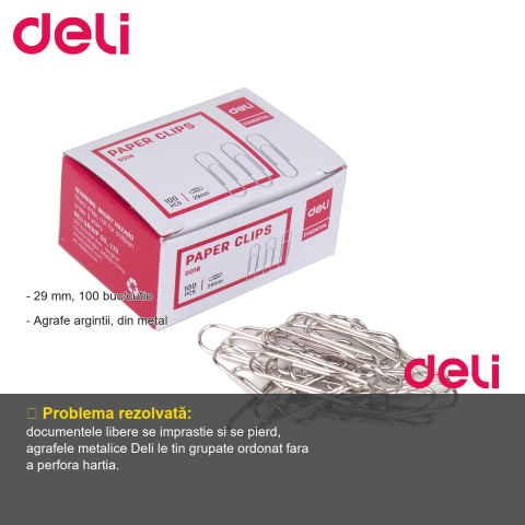 Agrafe metalice argintii Deli, 29 mm, 100 bucati/cutie, pentru organizarea documentelor de birou [1]