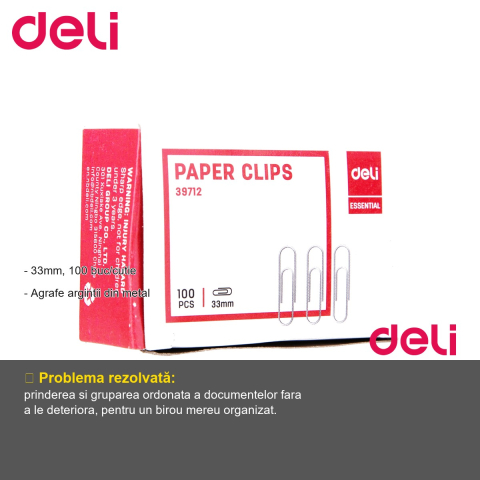 Agrafe metalice argintii Deli, 33 mm, 100 bucati/cutie, pentru organizarea documentelor de birou [1]