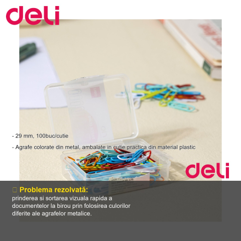 Agrafe metalice colorate Deli, 29 mm, 100 bucati in cutie plastic, pentru organizare documente [1]