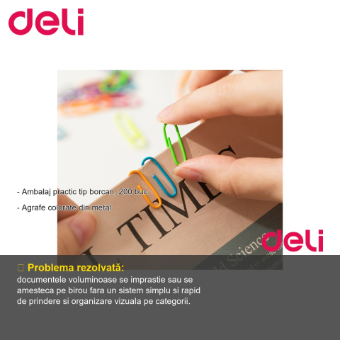 Agrafe metalice colorate Deli, 29 mm, set 200 bucati in borcan plastic, pentru organizare documente [1]