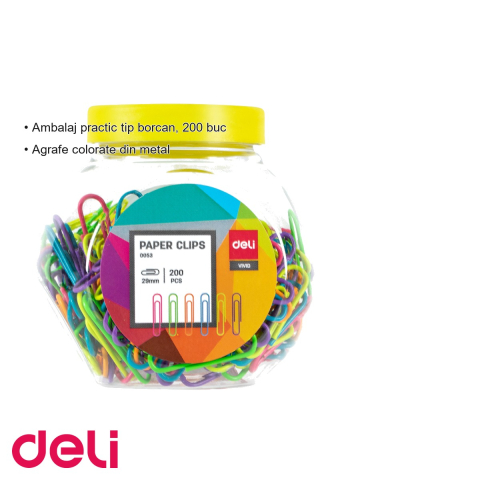 Agrafe metalice colorate Deli, 29 mm, set 200 bucati in borcan plastic, pentru organizare documente [2]
