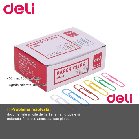 Agrafe metalice colorate Deli, 33 mm, 100 bucati/cutie, pentru organizarea documentelor la birou [1]