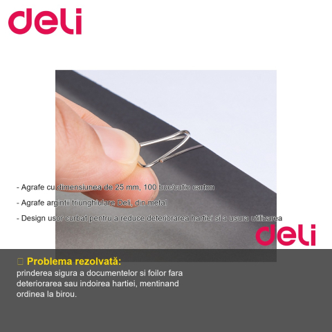 Agrafe metalice triunghiulare Deli, 25 mm, design curbat pentru protectia hartiei, 100 bucati/cutie [1]