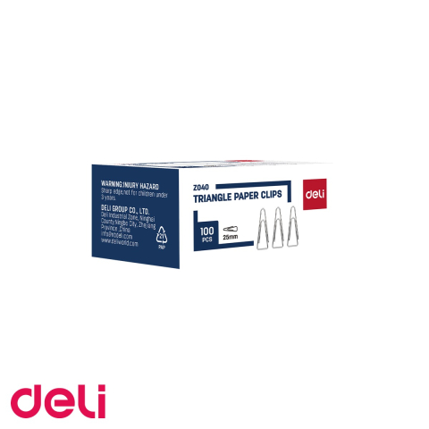 Agrafe de birou - Agrafe metalice triunghiulare Deli, 25 mm, design curbat pentru protectia hartiei, 100 bucati/cutie