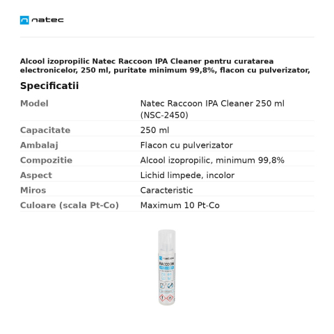 Alcool izopropilic Natec Raccoon IPA Cleaner pentru curatarea electronicelor, 250 ml, puritate minimum 99,8%, flacon cu pulverizator, NSC-2450 [2]