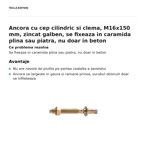 Ancora cu cep cilindric si clema, M16x150 mm, zincat galben, se fixeaza in caramida plina sau piatra, nu doar in beton [1]