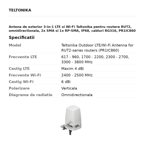 Antena de exterior 3-in-1 LTE si Wi-Fi Teltonika pentru routere RUT2, omnidirectionala, 2x SMA si 1x RP-SMA, IP68, cabluri RG316, PR1IC860 [2]