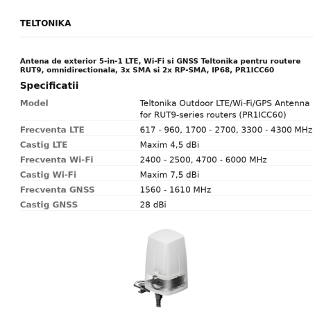 Antena de exterior 5-in-1 LTE, Wi-Fi si GNSS Teltonika pentru routere RUT9, omnidirectionala, 3x SMA si 2x RP-SMA, IP68, PR1ICC60 [2]