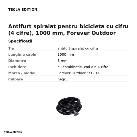 Antifurt spiralat pentru bicicleta cu cifru (4 cifre), 1000 mm, Forever Outdoor KYL-100, negru [2]