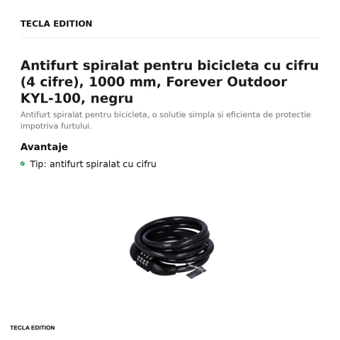 Antifurt spiralat pentru bicicleta cu cifru (4 cifre), 1000 mm, Forever Outdoor KYL-100, negru [1]