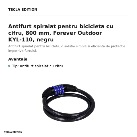 Antifurt spiralat pentru bicicleta cu cifru, 800 mm, Forever Outdoor KYL-110, negru [1]