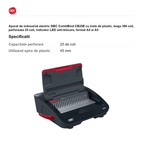 Aparat de indosariat electric GBC CombBind CB25E cu inele de plastic, leaga 390 coli, perforeaza 25 coli, indicator LED anti-blocare, format A4 si A5 [2]