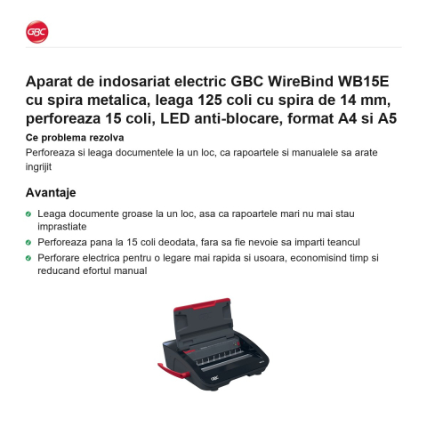 Aparat de indosariat electric GBC WireBind WB15E cu spira metalica, leaga 125 coli cu spira de 14 mm, perforeaza 15 coli, LED anti-blocare, format A4 si A5 [1]