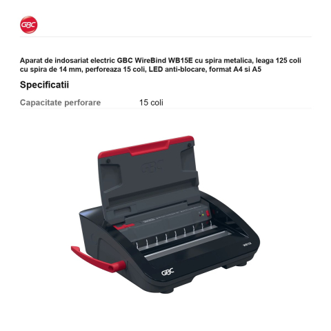 Aparat de indosariat electric GBC WireBind WB15E cu spira metalica, leaga 125 coli cu spira de 14 mm, perforeaza 15 coli, LED anti-blocare, format A4 si A5 [2]