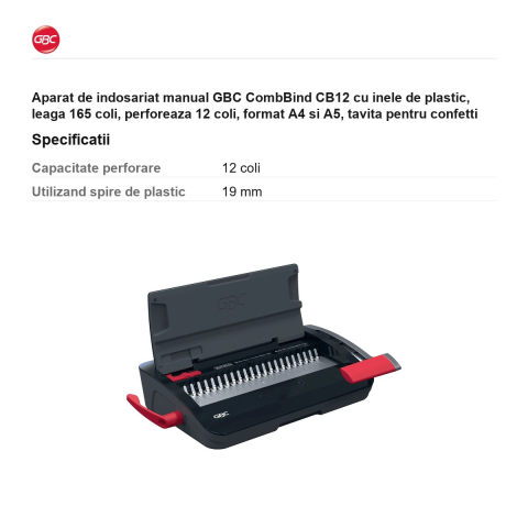 Aparat de indosariat manual GBC CombBind CB12 cu inele de plastic, leaga 165 coli, perforeaza 12 coli, format A4 si A5, tavita pentru confetti [2]