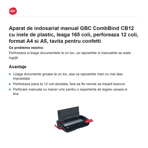 Aparat de indosariat manual GBC CombBind CB12 cu inele de plastic, leaga 165 coli, perforeaza 12 coli, format A4 si A5, tavita pentru confetti [1]