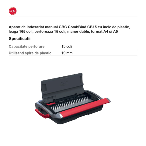 Aparat de indosariat manual GBC CombBind CB15 cu inele de plastic, leaga 165 coli, perforeaza 15 coli, maner dublu, format A4 si A5 [2]
