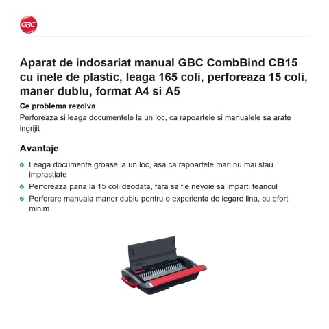 Aparat de indosariat manual GBC CombBind CB15 cu inele de plastic, leaga 165 coli, perforeaza 15 coli, maner dublu, format A4 si A5 [1]