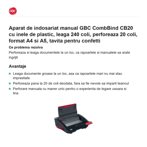 Aparat de indosariat manual GBC CombBind CB20 cu inele de plastic, leaga 240 coli, perforeaza 20 coli, format A4 si A5, tavita pentru confetti [1]