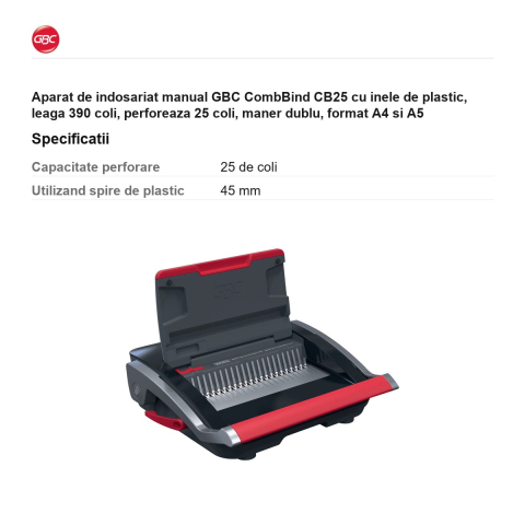 Aparat de indosariat manual GBC CombBind CB25 cu inele de plastic, leaga 390 coli, perforeaza 25 coli, maner dublu, format A4 si A5 [2]