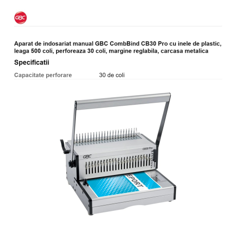Aparat de indosariat manual GBC CombBind CB30 Pro cu inele de plastic, leaga 500 coli, perforeaza 30 coli, margine reglabila, carcasa metalica [2]