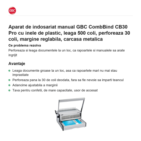 Aparat de indosariat manual GBC CombBind CB30 Pro cu inele de plastic, leaga 500 coli, perforeaza 30 coli, margine reglabila, carcasa metalica [1]
