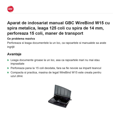 Aparat de indosariat manual GBC WireBind W15 cu spira metalica, leaga 125 coli cu spira de 14 mm, perforeaza 15 coli, maner de transport [1]