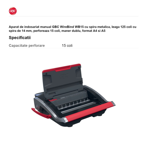Aparat de indosariat manual GBC WireBind WB15 cu spira metalica, leaga 125 coli cu spira de 14 mm, perforeaza 15 coli, maner dublu, format A4 si A5 [2]